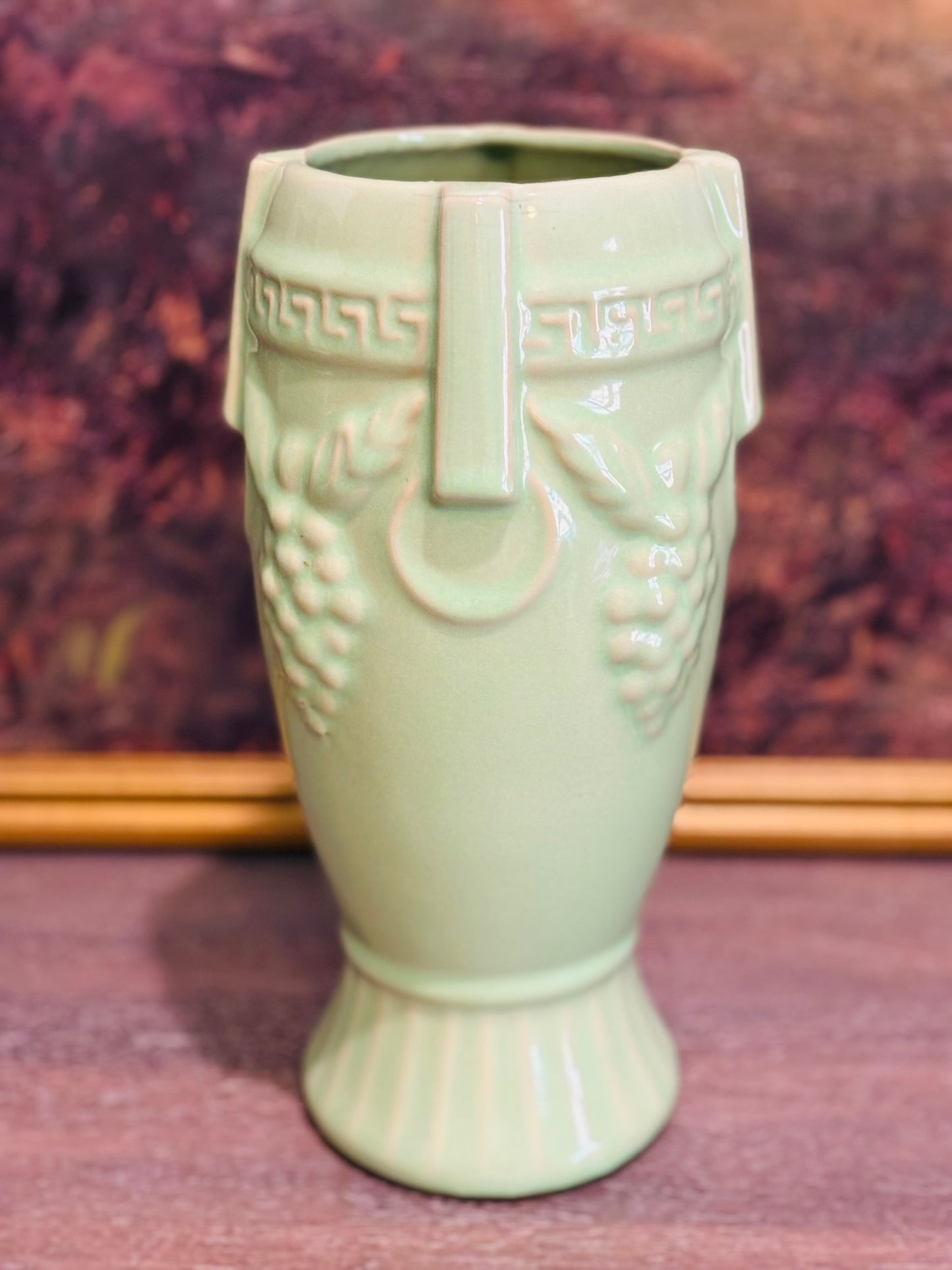 Vintage Chartreuse Green Greek Key & Grape Motif vase 10 h 5 w
