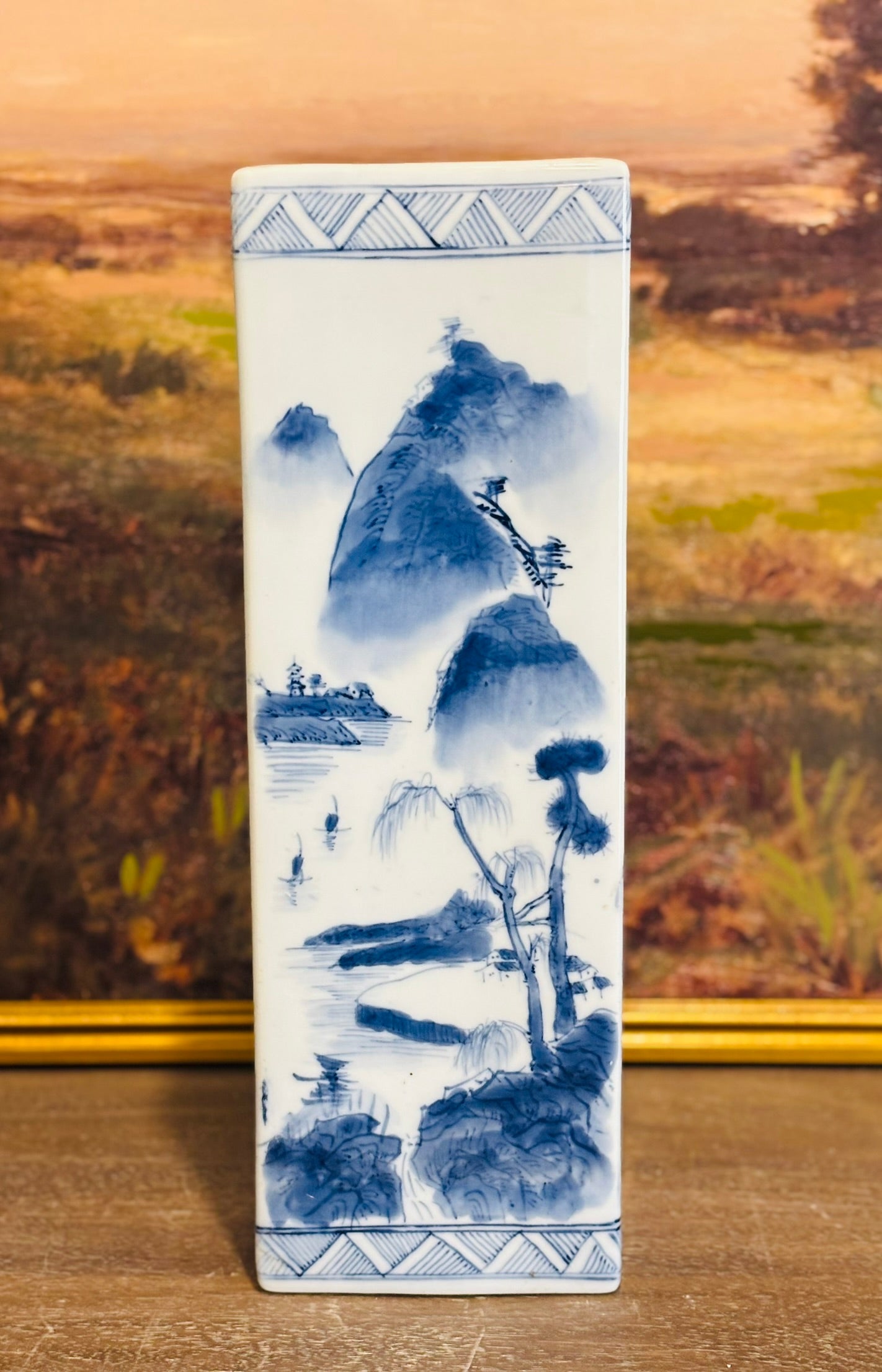 Blue and White Chinoiserie Pillar  3 d 5 w 15.5 h - no marking