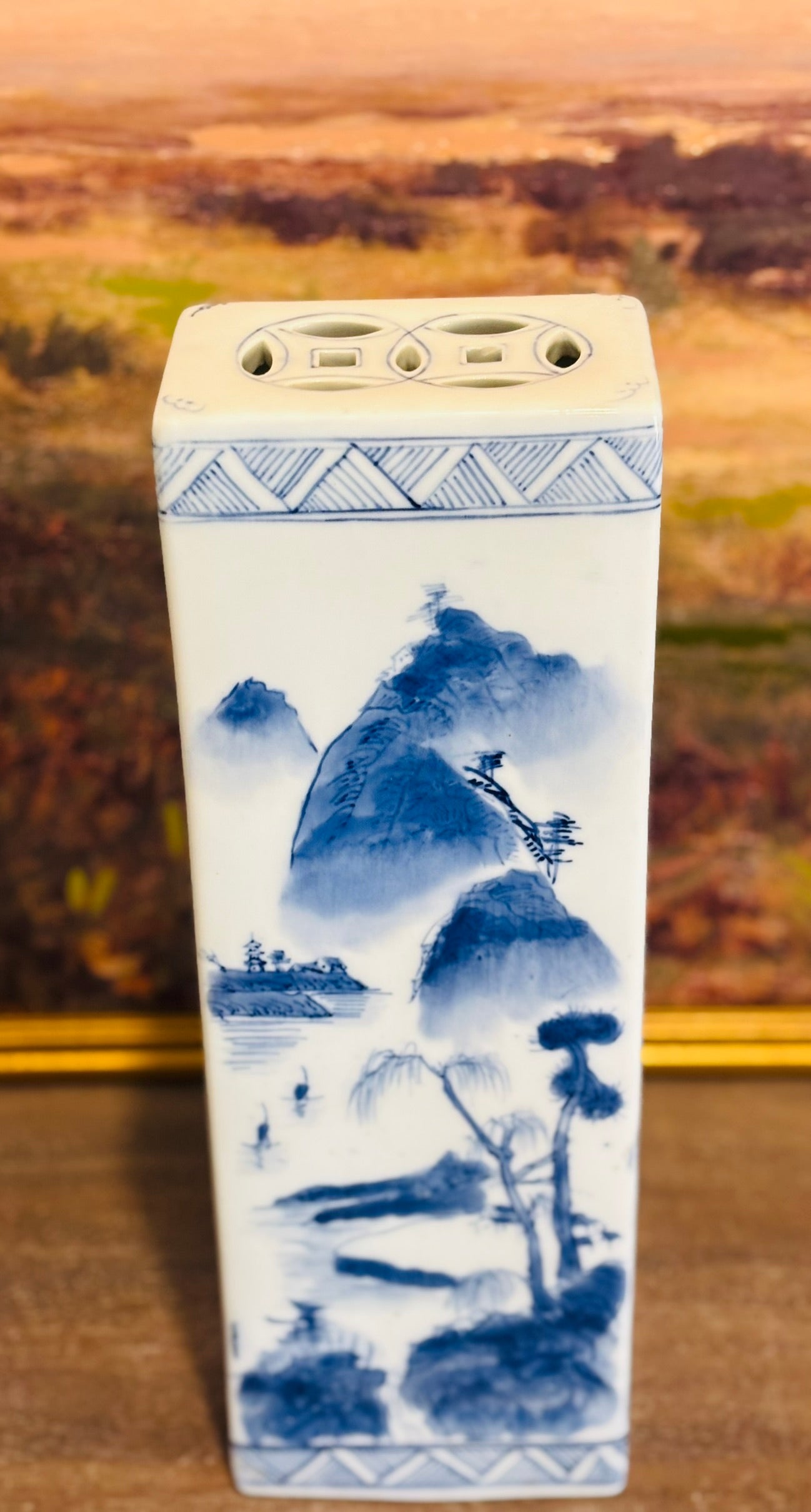 Blue and White Chinoiserie Pillar  3 d 5 w 15.5 h - no marking