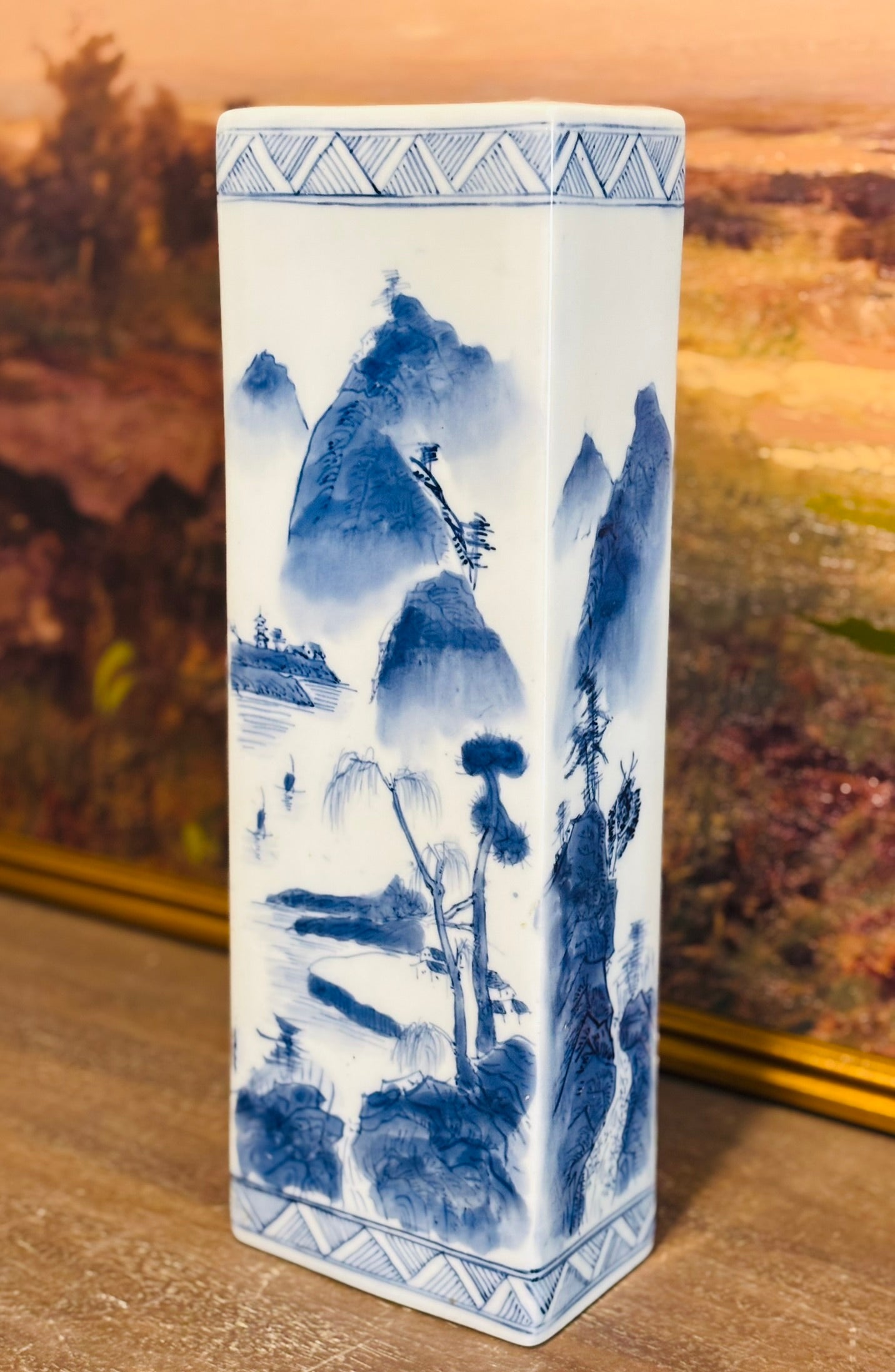 Blue and White Chinoiserie Pillar  3 d 5 w 15.5 h - no marking