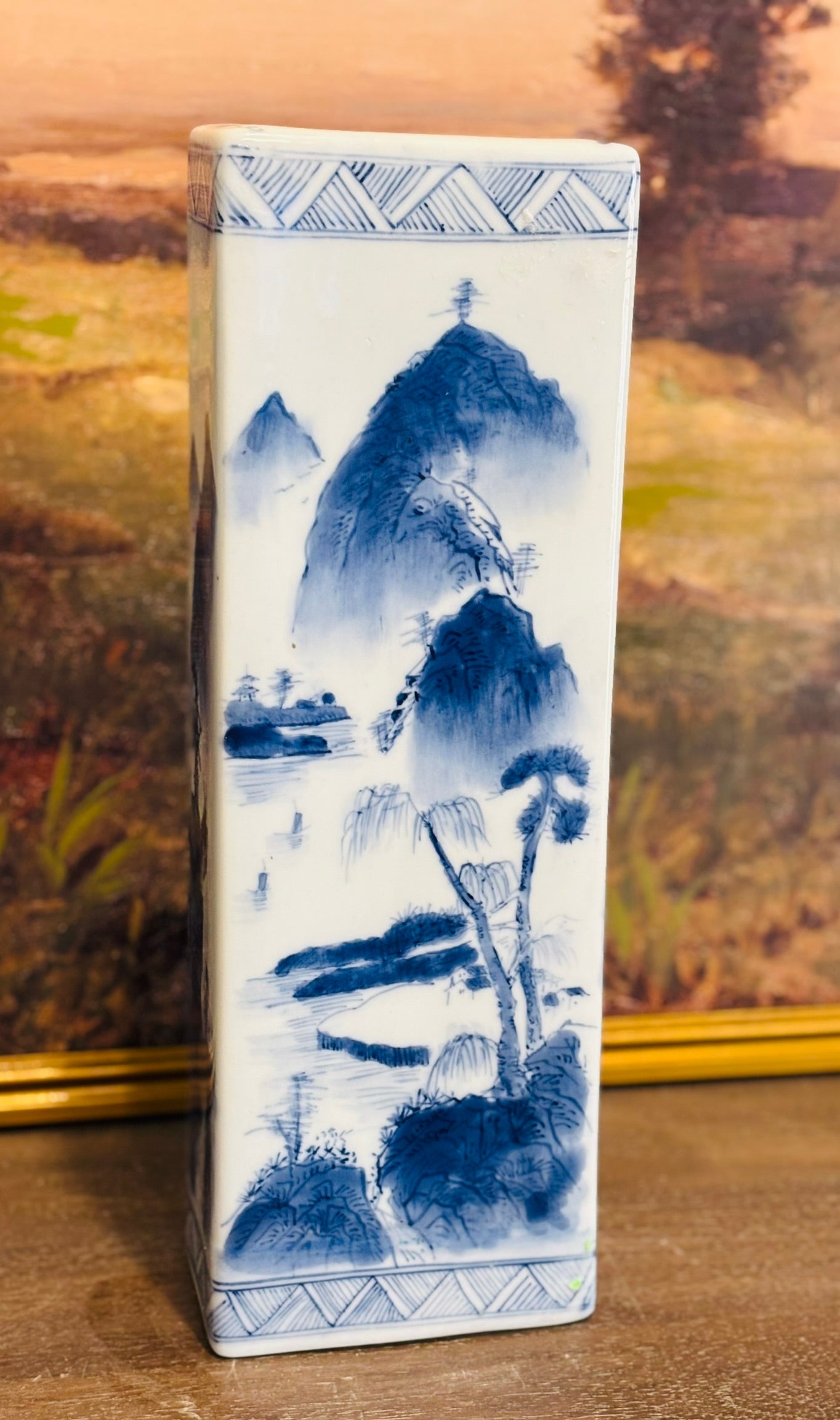 Blue and White Chinoiserie Pillar  3 d 5 w 15.5 h - no marking