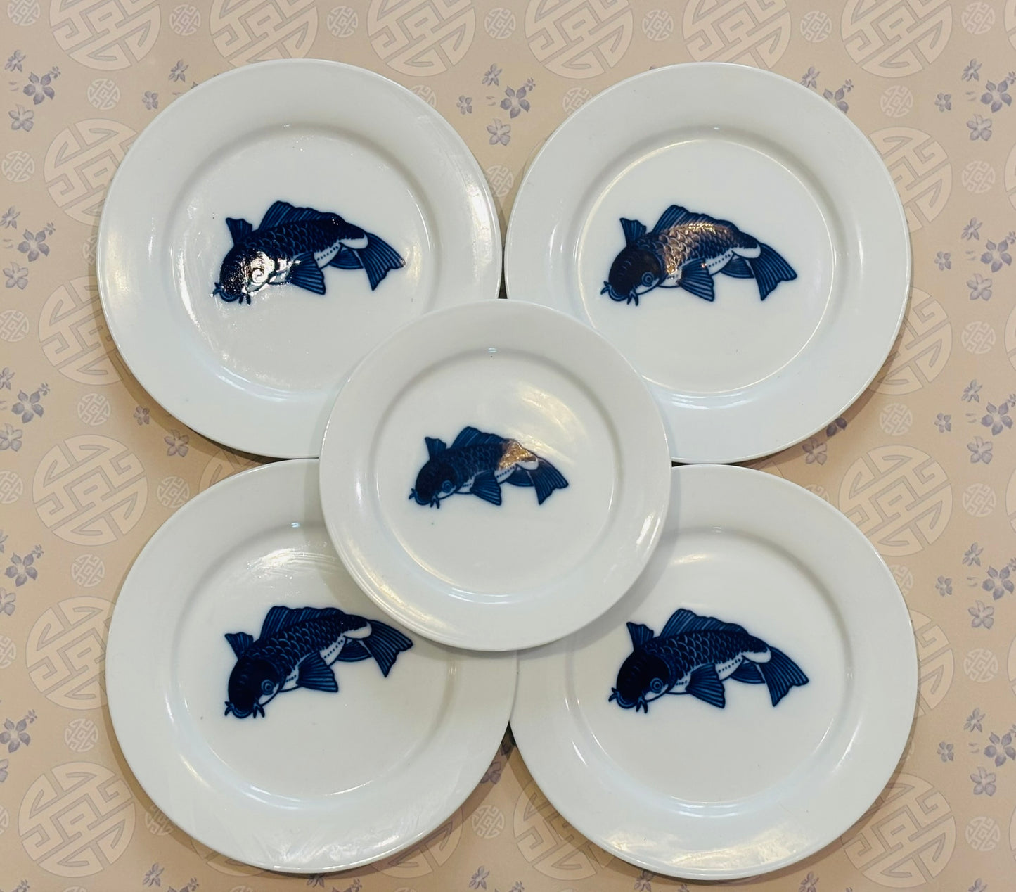 Set of 3 saucers 6 w 4 bread 7 w blue and white koi fish plates- no marking