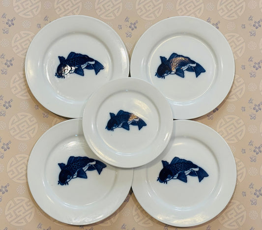 Set of 3 saucers 6 w 4 bread 7 w blue and white koi fish plates- no marking
