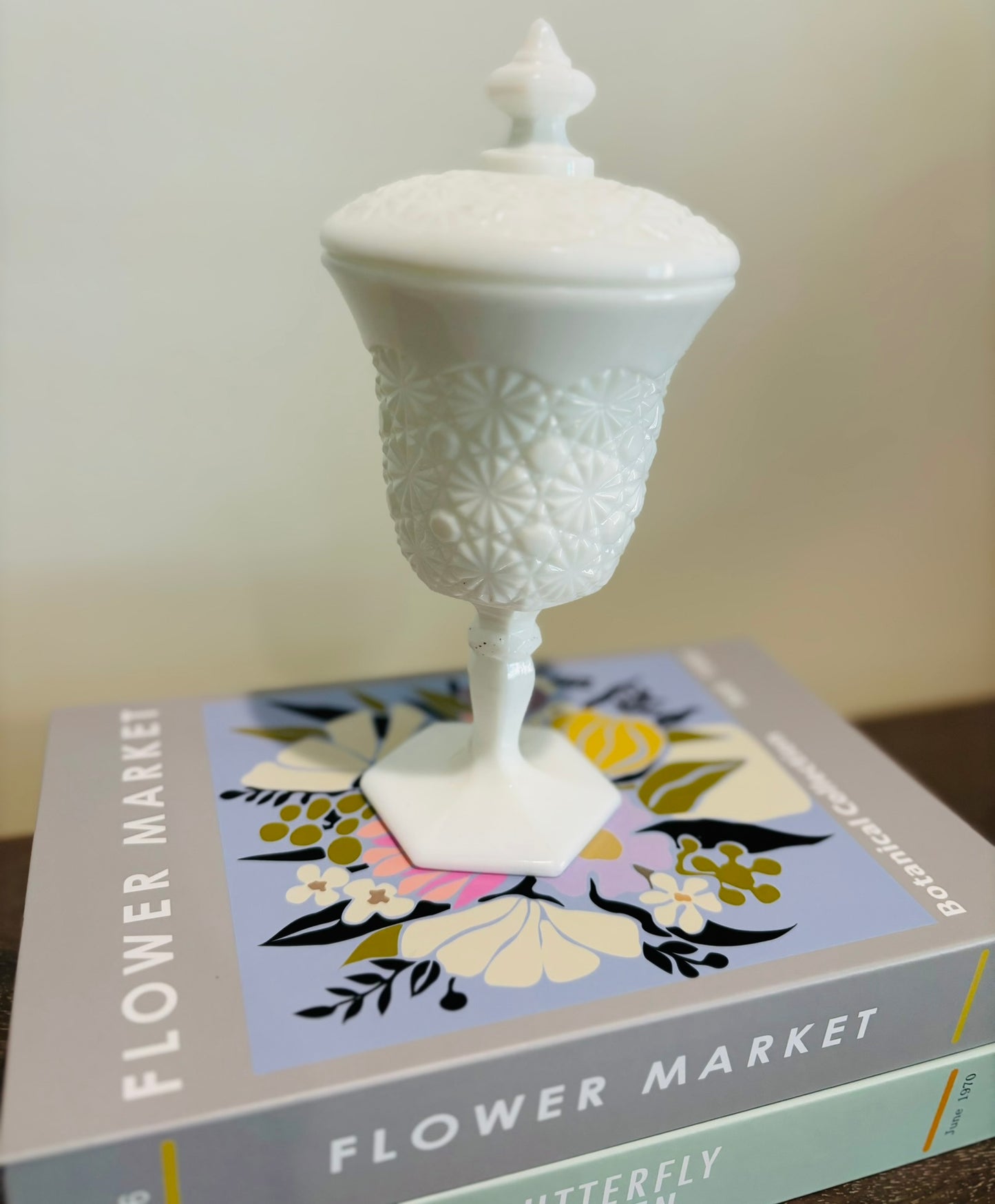 Vtg Milk glass candy dish with lid 8 h x 4 w