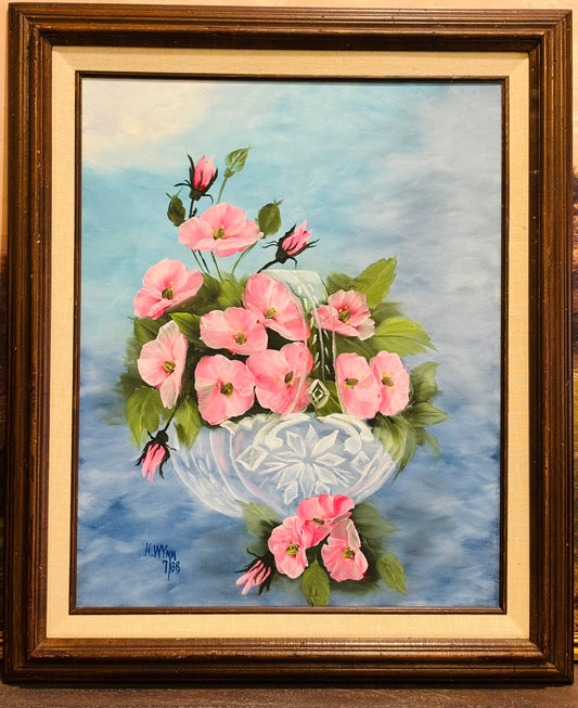 Original Pink floral painting H. Wynn 7/85 21 w x 25 h