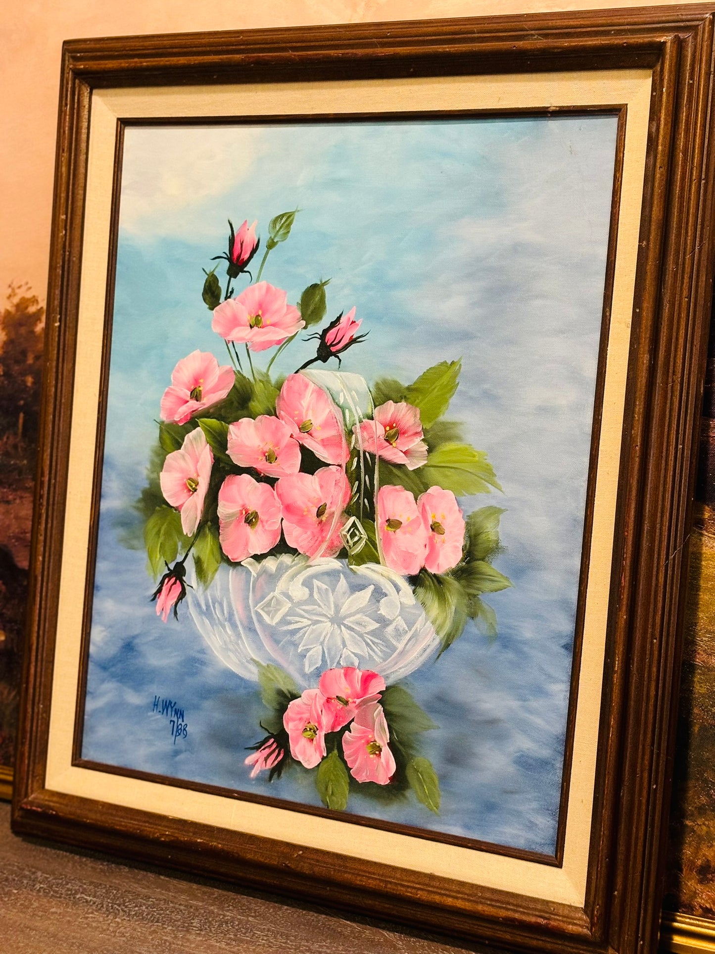 Original Pink floral painting H. Wynn 7/85 21 w x 25 h