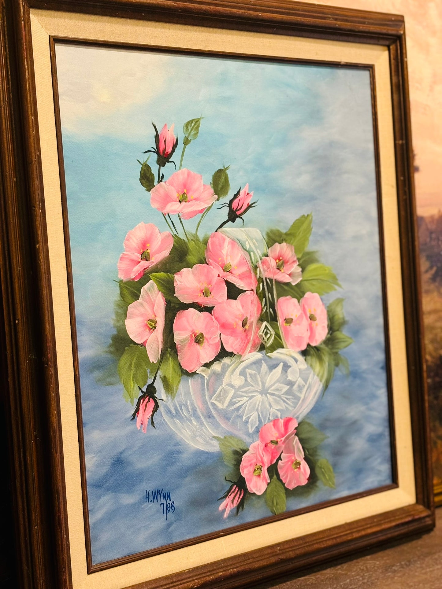 Original Pink floral painting H. Wynn 7/85 21 w x 25 h