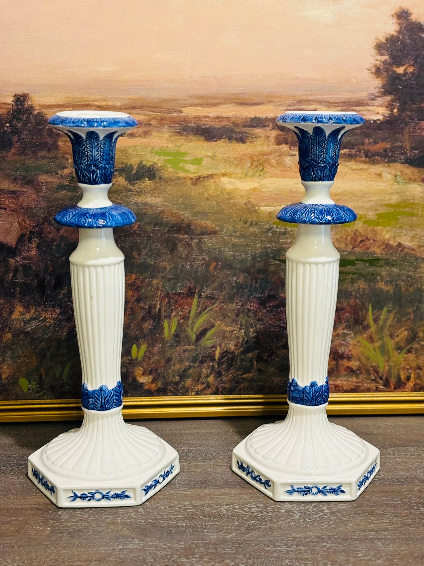 Set of Japan Omnibus Blue and White Tall Candlesticks 15.25