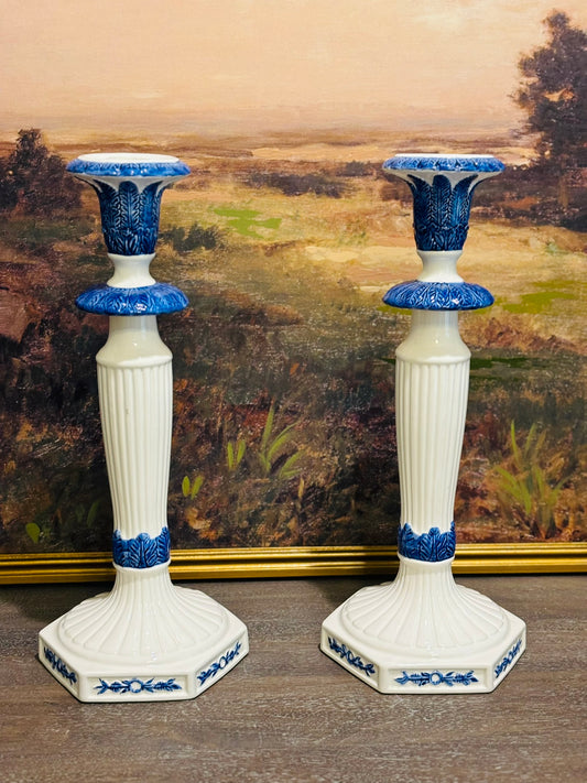 Set of Japan Omnibus Blue and White Tall Candlesticks 15.25