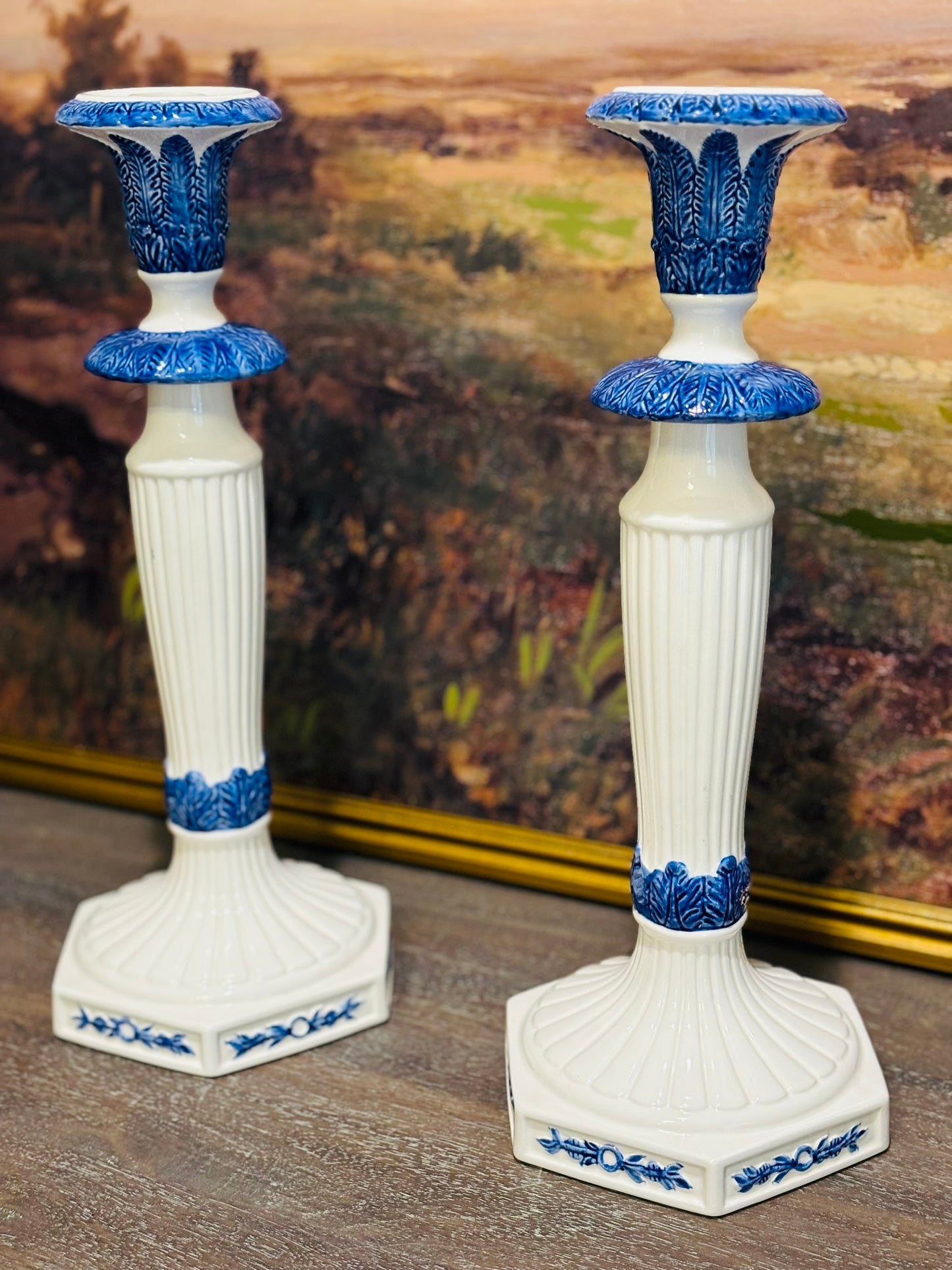 Set of Japan Omnibus Blue and White Tall Candlesticks 15.25