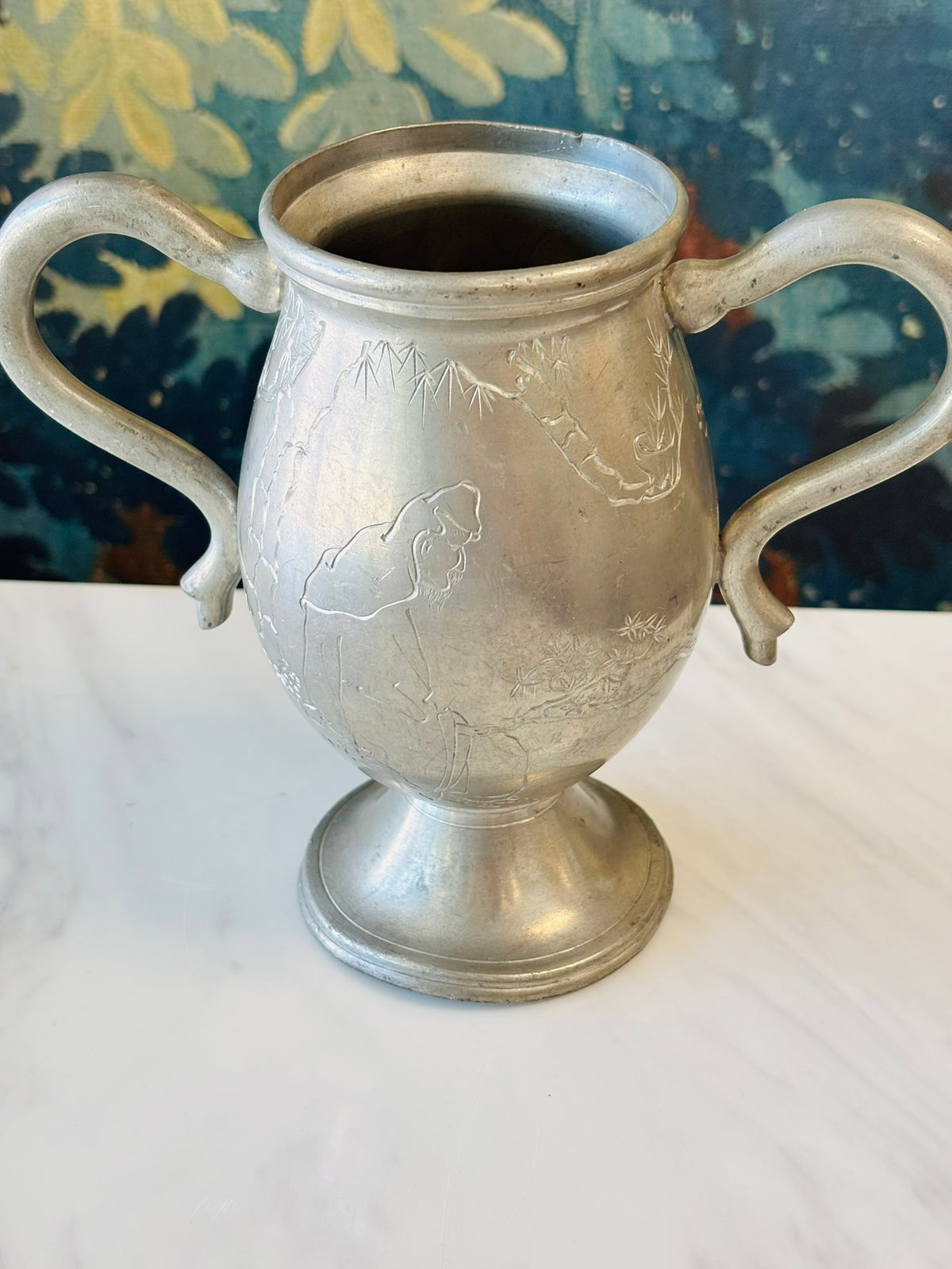 Vintage Etched Silver-Tone Double-Handled Trophy Vase – Asian Scene