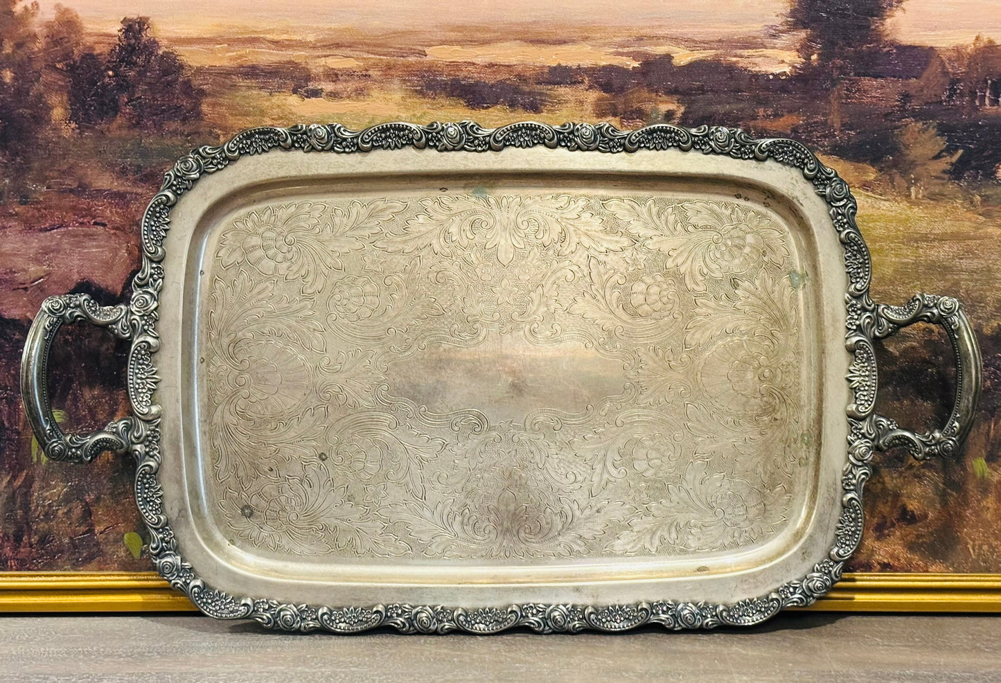 Silver tray with Happy Anniversary Engraving on Bottom 25 x 13.25 x .75 h