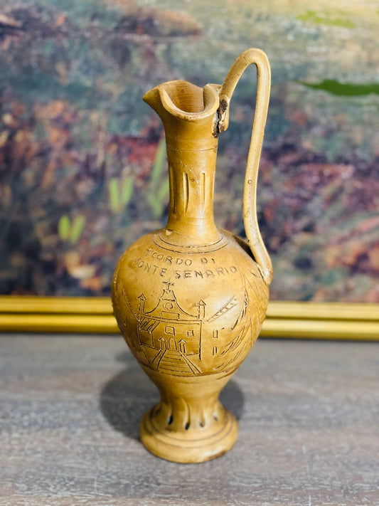 Clay pitcher 9.5 h with engraving Ricardo Di Monte Senario  4.25 d