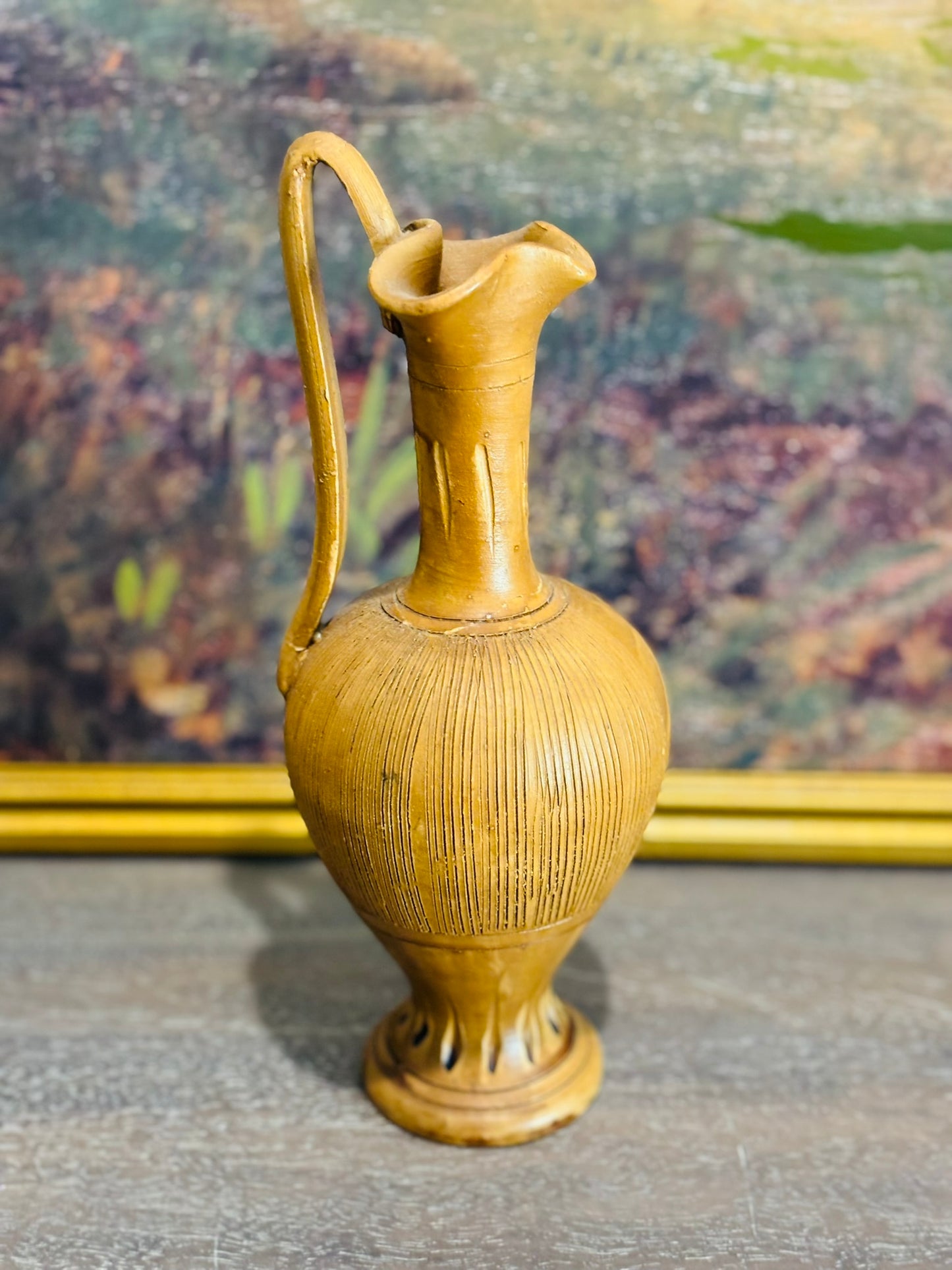 Clay pitcher 9.5 h with engraving Ricardo Di Monte Senario  4.25 d