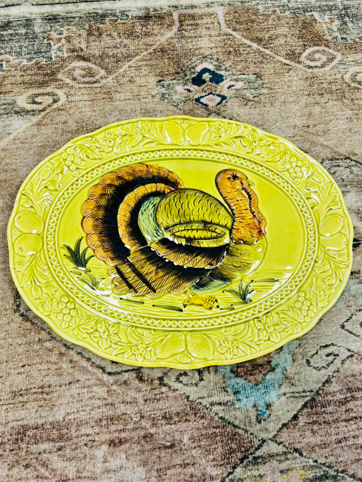 Vintage Japanese Majolica-Style Turkey Platter – 19"
