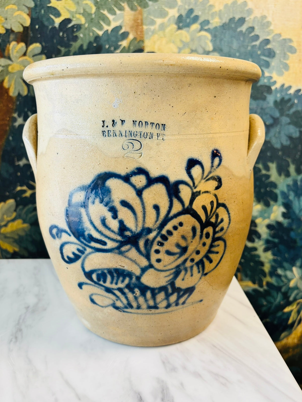 Antique J. & E. Norton Bennington VT 2-Gallon Cobalt Floral Stoneware Crock – c. 1855