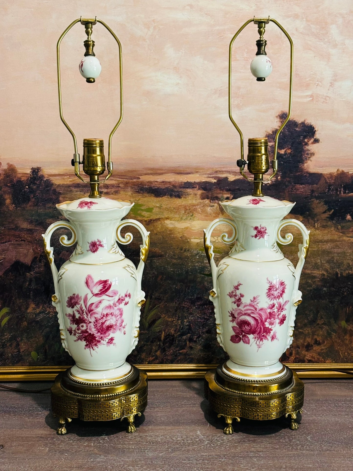 Pair of 2 White and Pink Victorian lamps 25.5 to top of harp (not finial)