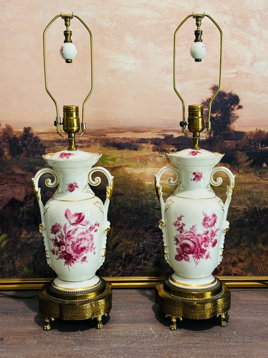 Pair of 2 White and Pink Victorian lamps 25.5 to top of harp (not finial)