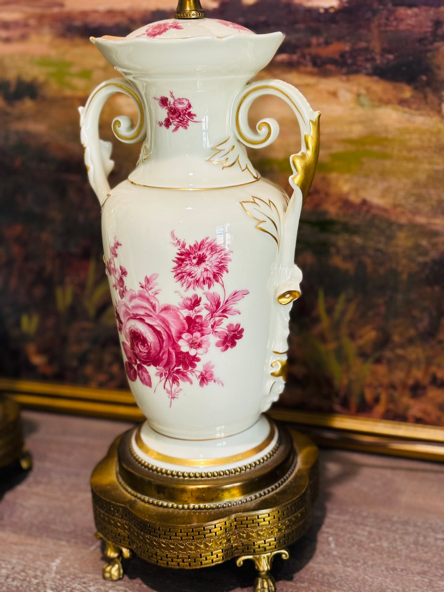 Pair of 2 White and Pink Victorian lamps 25.5 to top of harp (not finial)