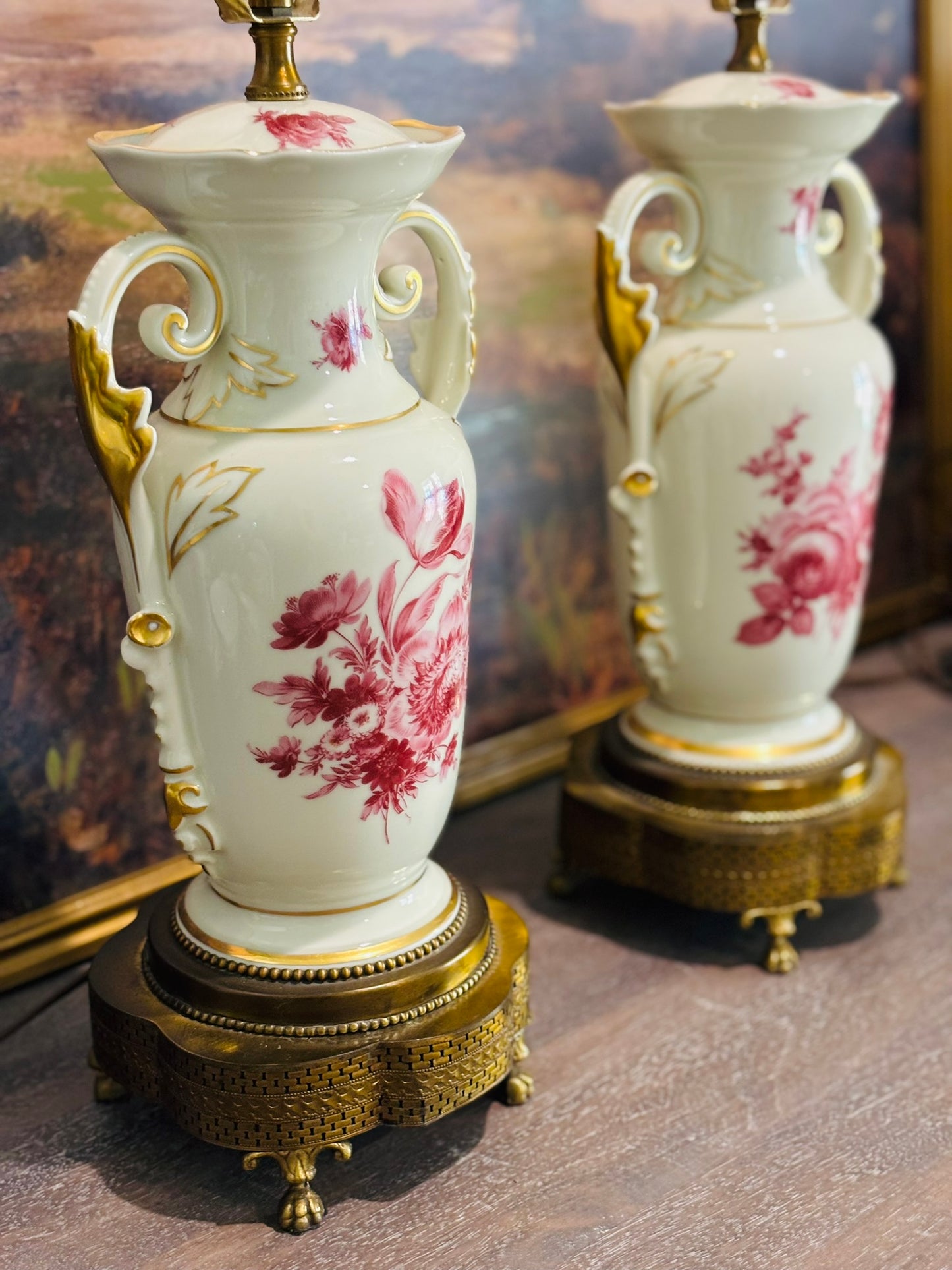 Pair of 2 White and Pink Victorian lamps 25.5 to top of harp (not finial)