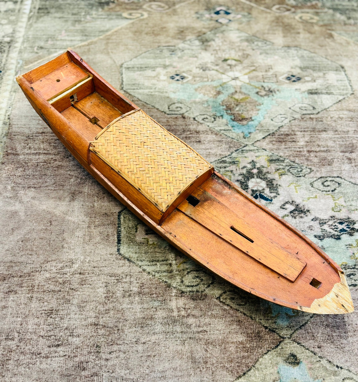 Vintage Large Wooden Sampan Boat Model with Woven Canopy – 29.75"