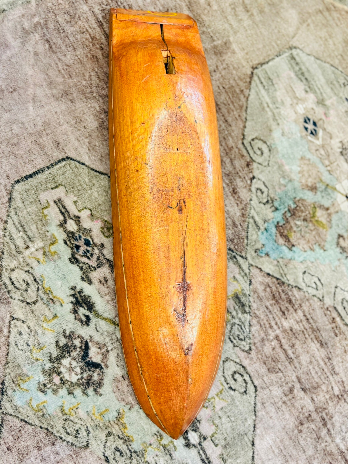 Vintage Large Wooden Sampan Boat Model with Woven Canopy – 29.75"