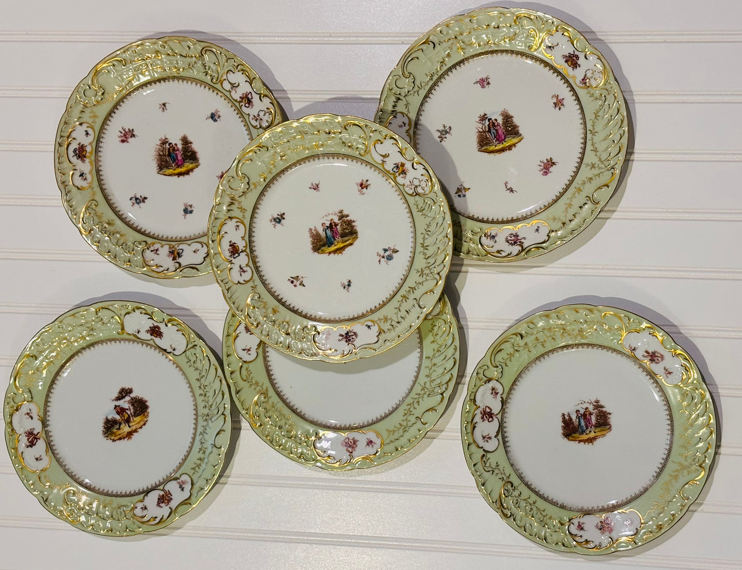 Antique Carl Tielsch Germany Hand Painted Plate Green and gold 8.5 w - 6 total