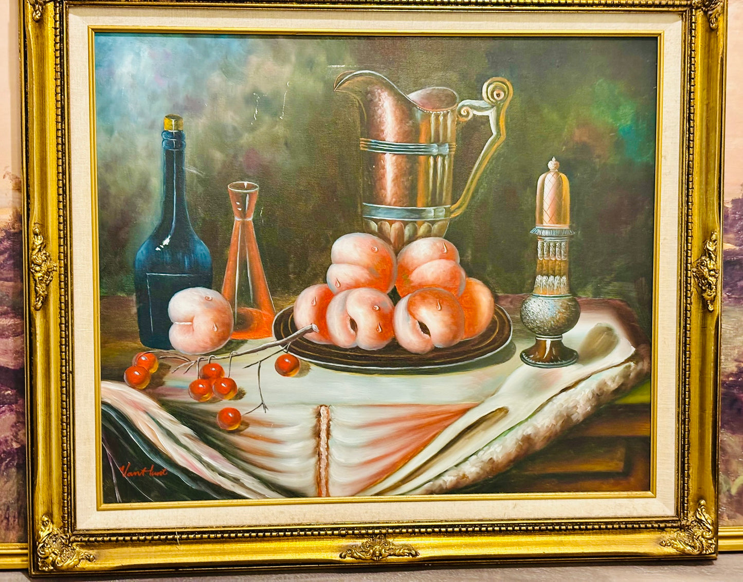 Large framed peaches and cherries art 24.5 x 29.5