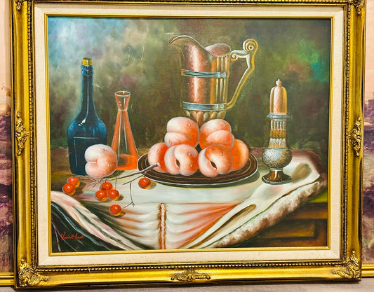 Large framed peaches and cherries art 24.5 x 29.5