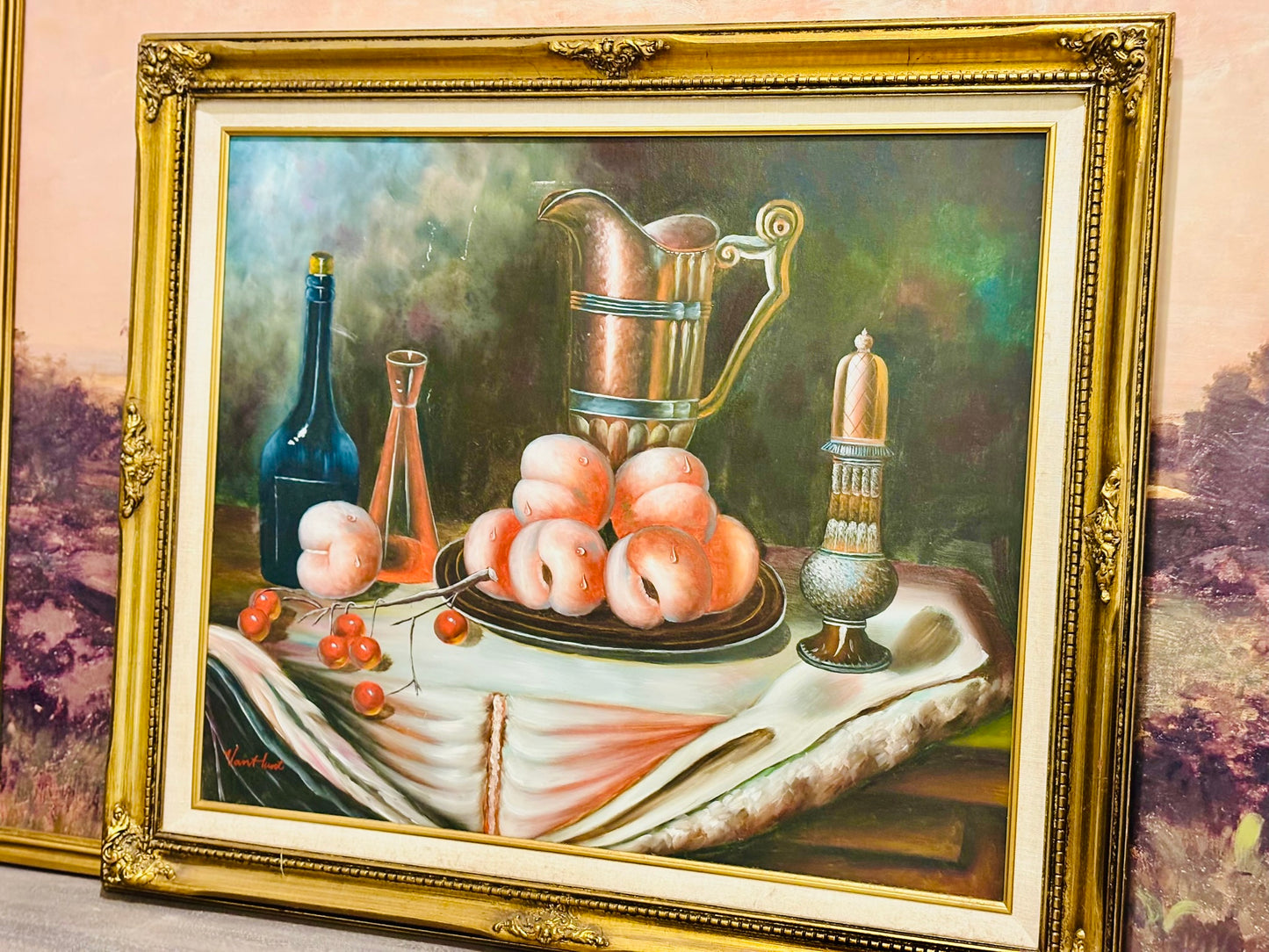 Large framed peaches and cherries art 24.5 x 29.5