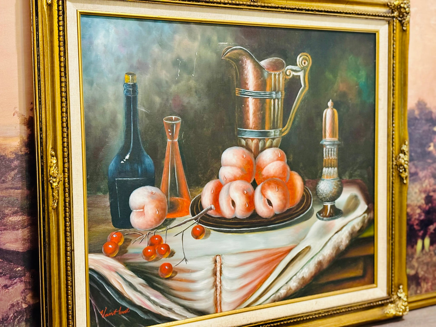 Large framed peaches and cherries art 24.5 x 29.5