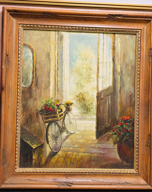 Oil painting on canvas, scene with bike and flowers, signed L E Russo 31 x 26