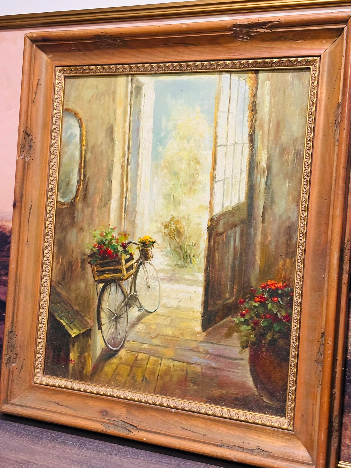 Oil painting on canvas, scene with bike and flowers, signed L E Russo 31 x 26