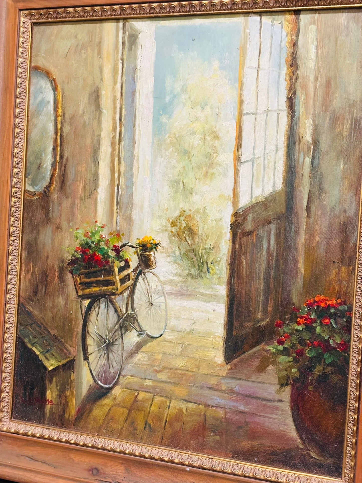 Oil painting on canvas, scene with bike and flowers, signed L E Russo 31 x 26
