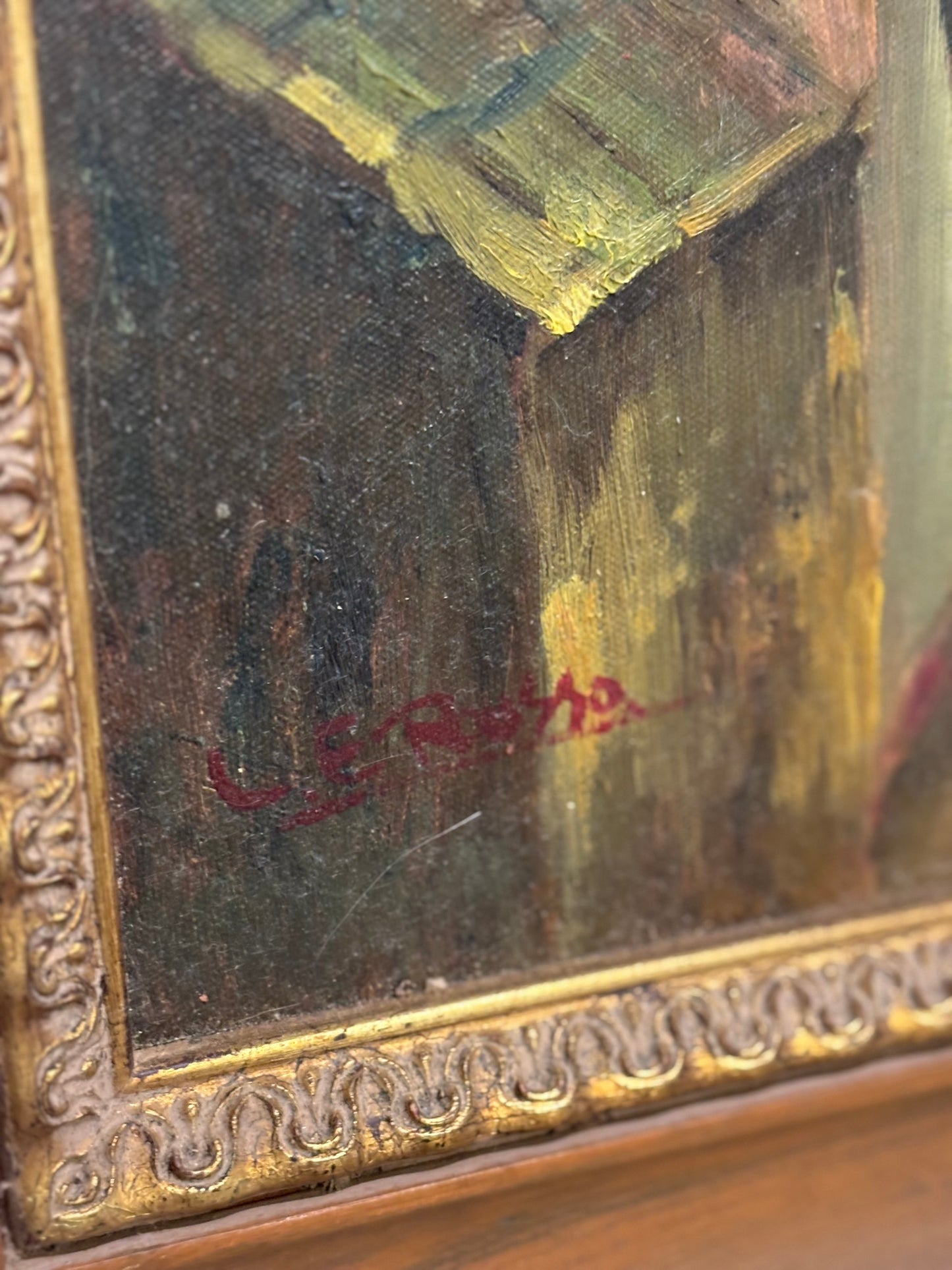 Oil painting on canvas, scene with bike and flowers, signed L E Russo 31 x 26