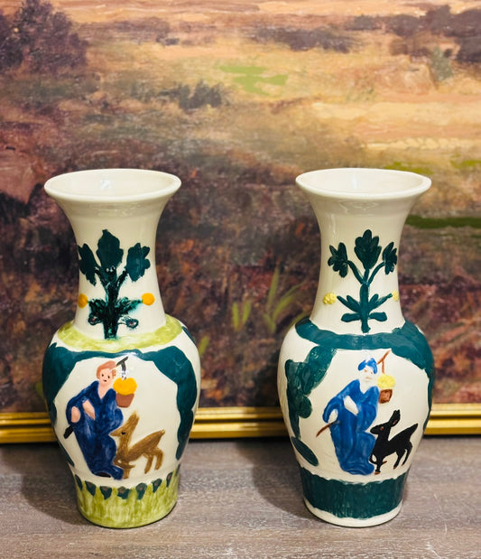 Pair of Handpainted Colorful Vases (not marked) 10.5 h 4.75 w