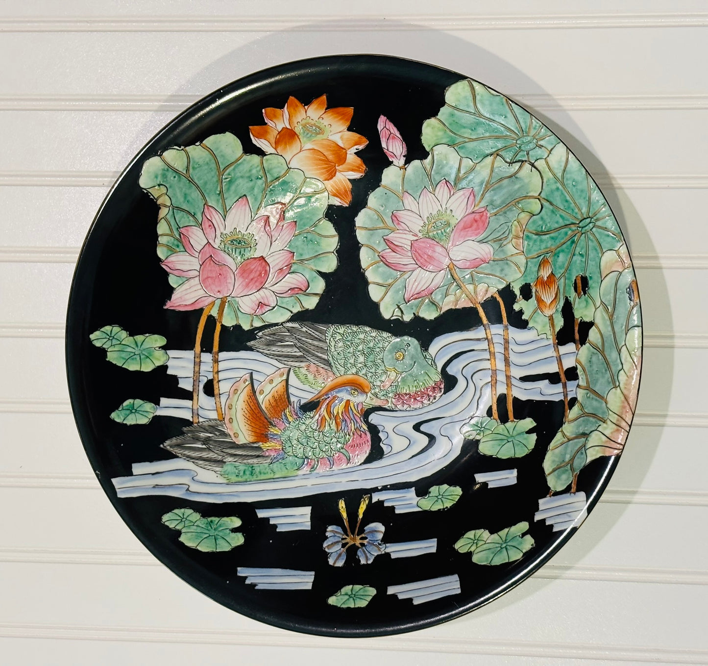 Large black chinoiserie bowl with ducks  14 x 2.5 h