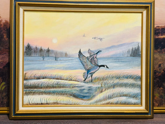 Geese Oil Painting 20h x 25w x 2 d (some damage on frame)