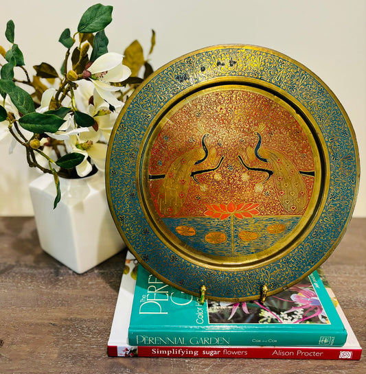 2 Solid Brass Decorated plate with peacock (India) etched 12 wide