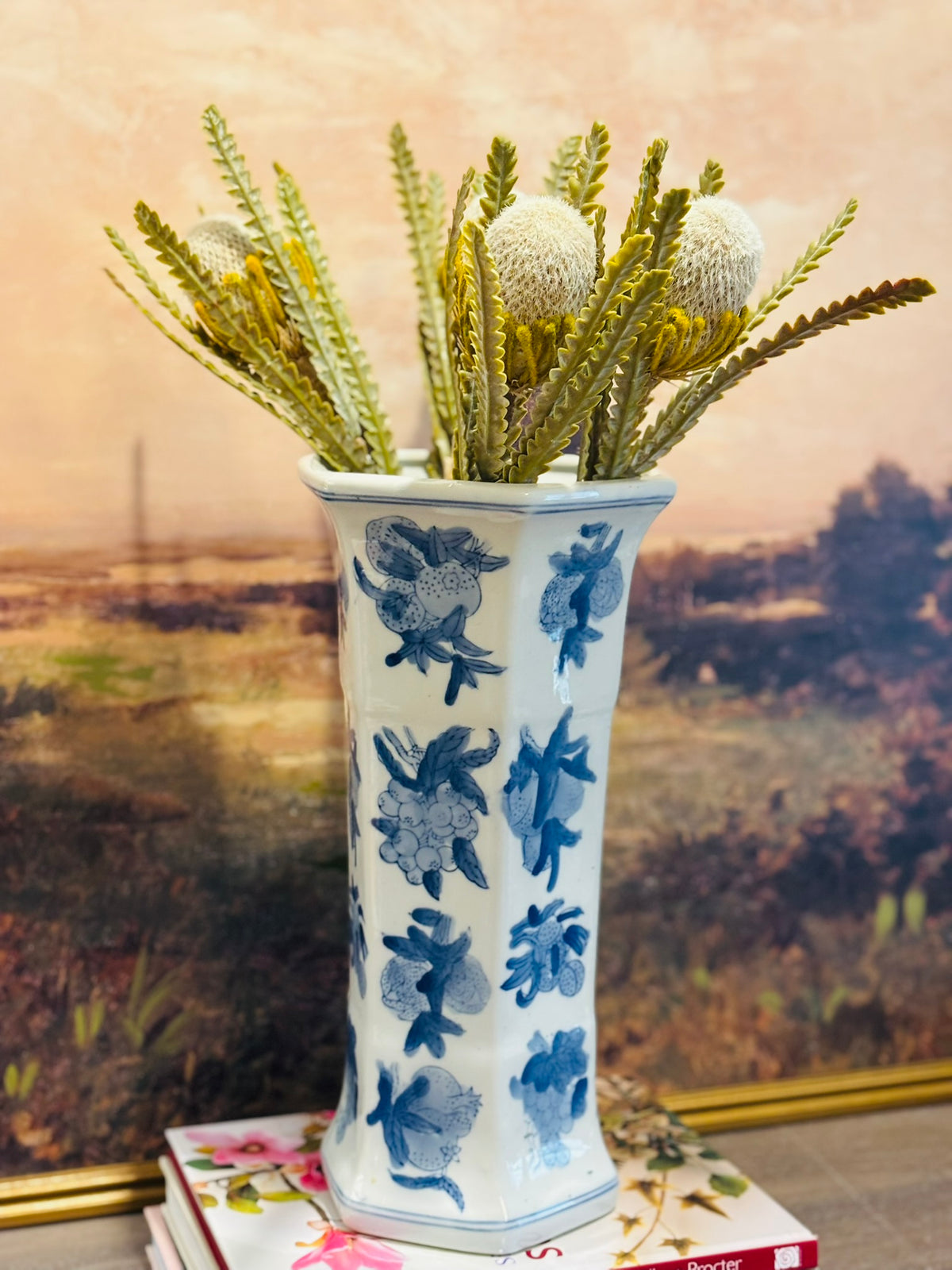 Vintage Blue & White Fruit Motif Porcelain Vase – 15"