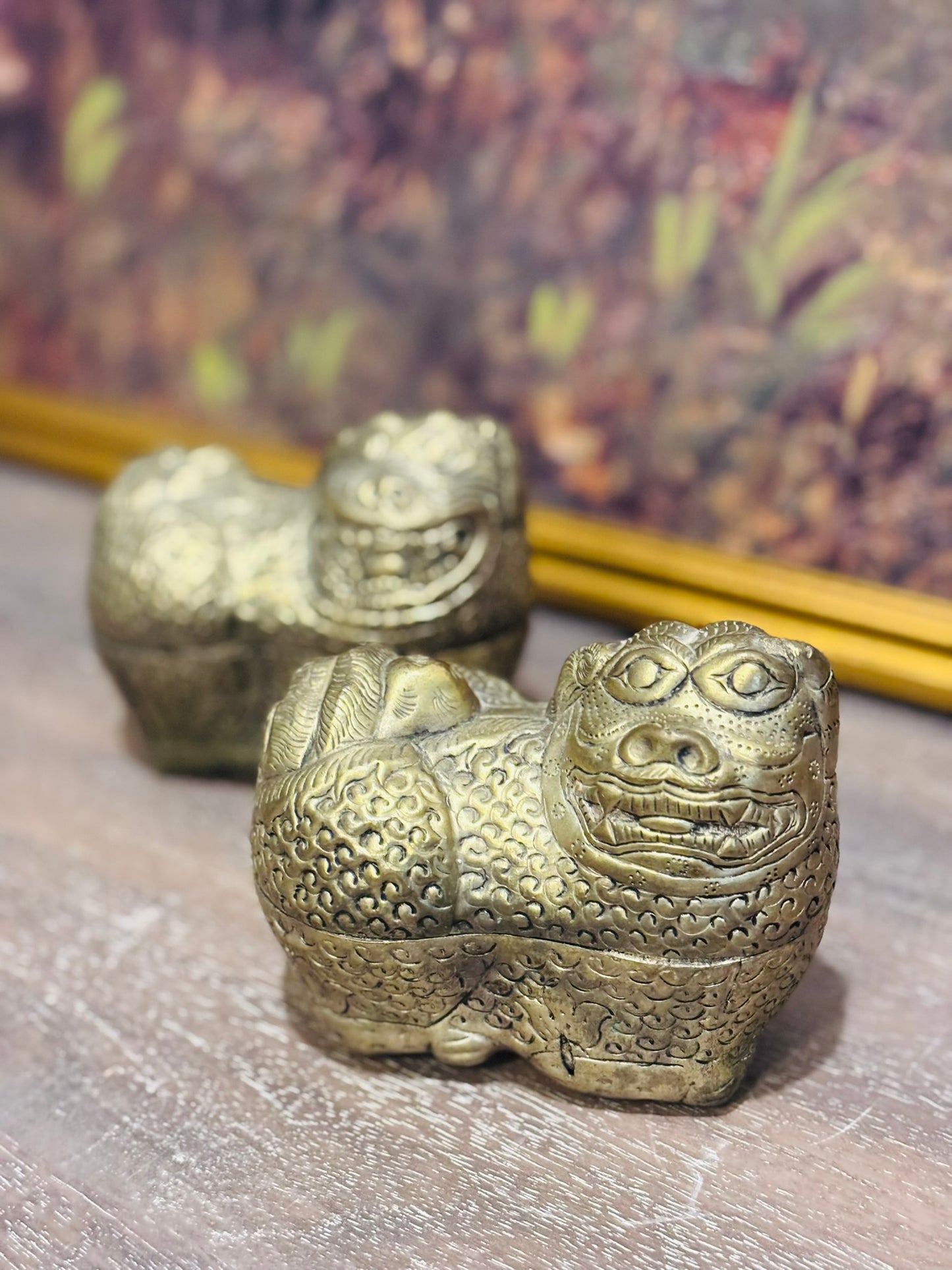 2 Antique Foo Dog boxes 4.75 l 2.75 w 4 h