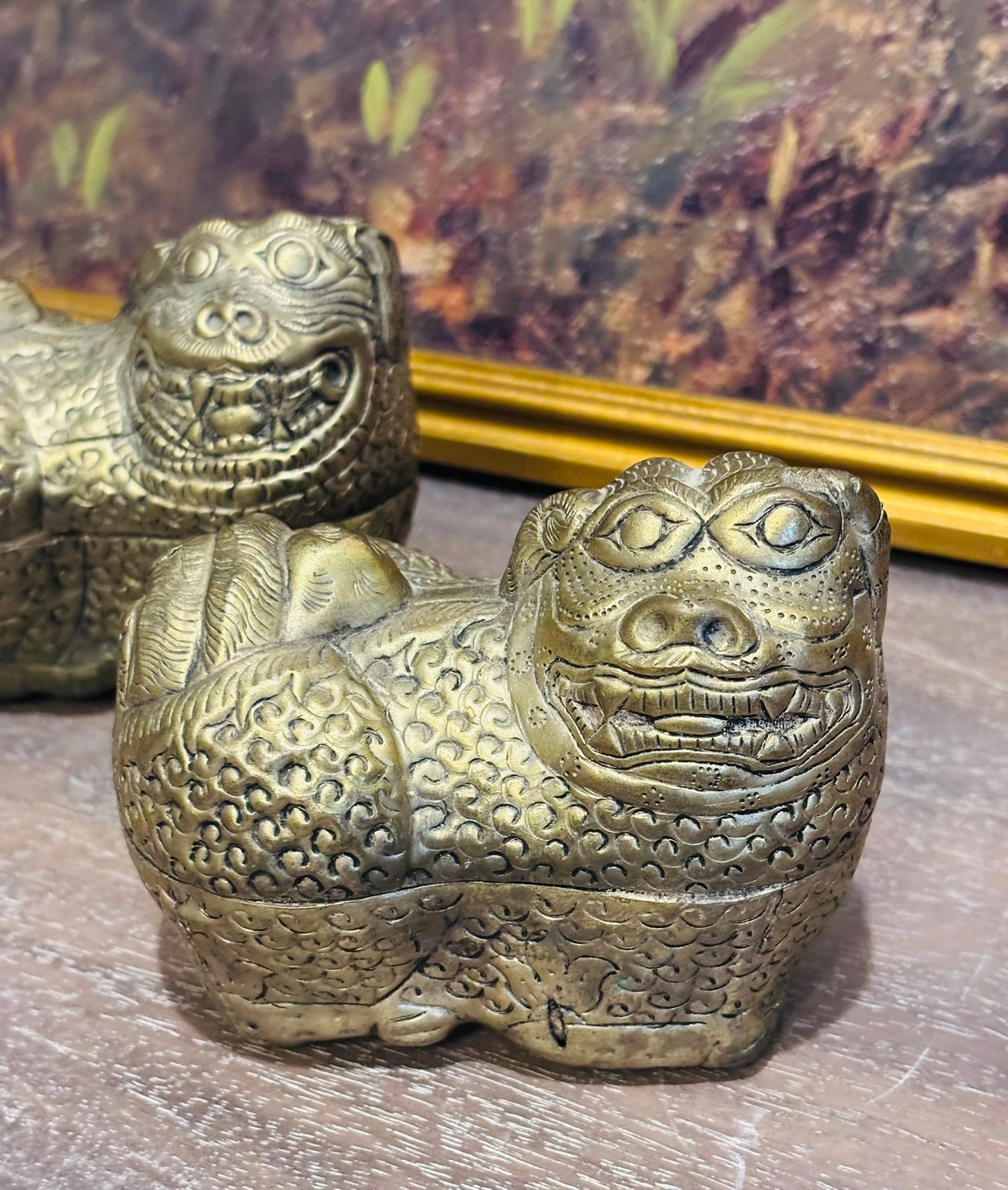 2 Antique Foo Dog boxes 4.75 l 2.75 w 4 h