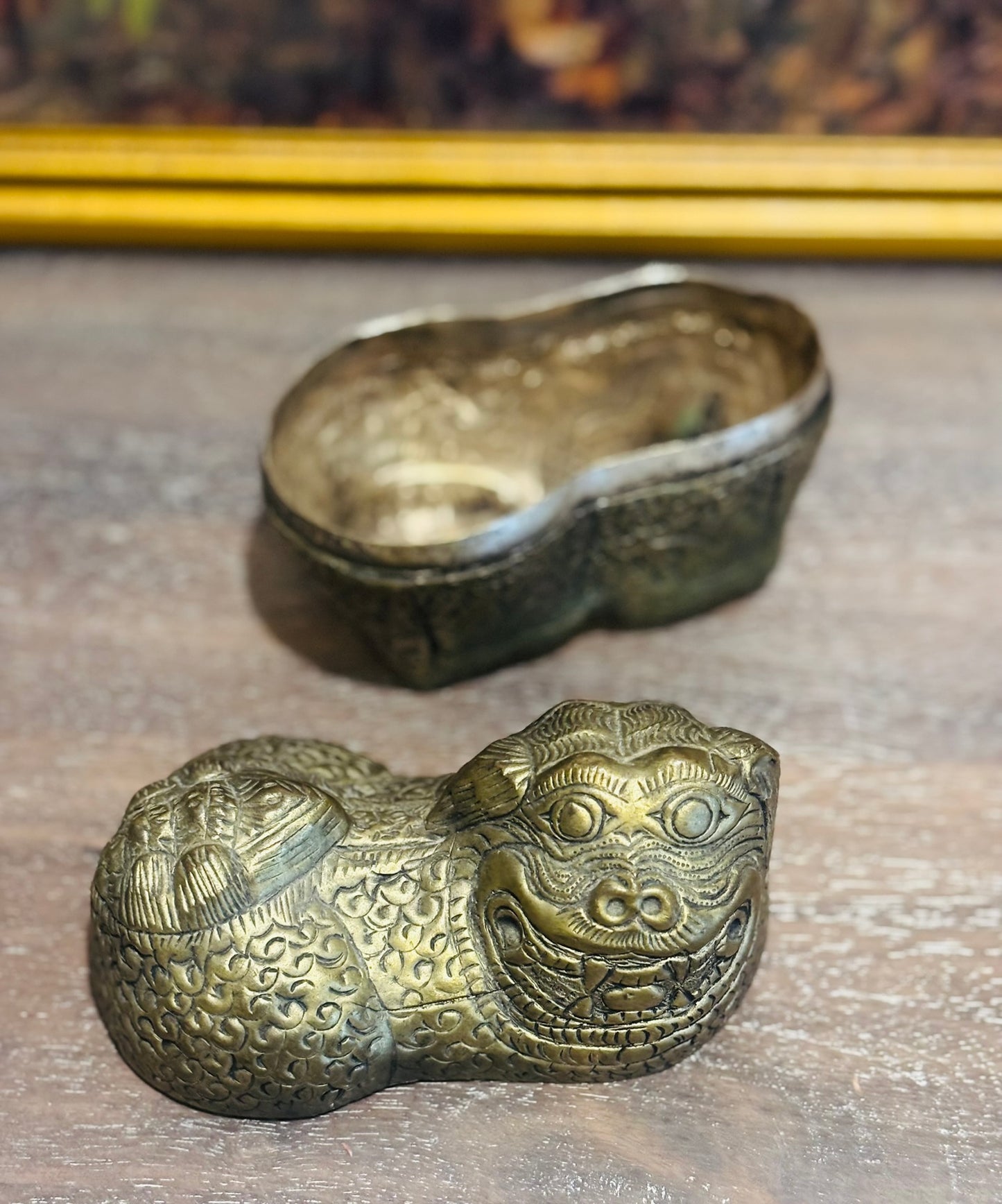 2 Antique Foo Dog boxes 4.75 l 2.75 w 4 h