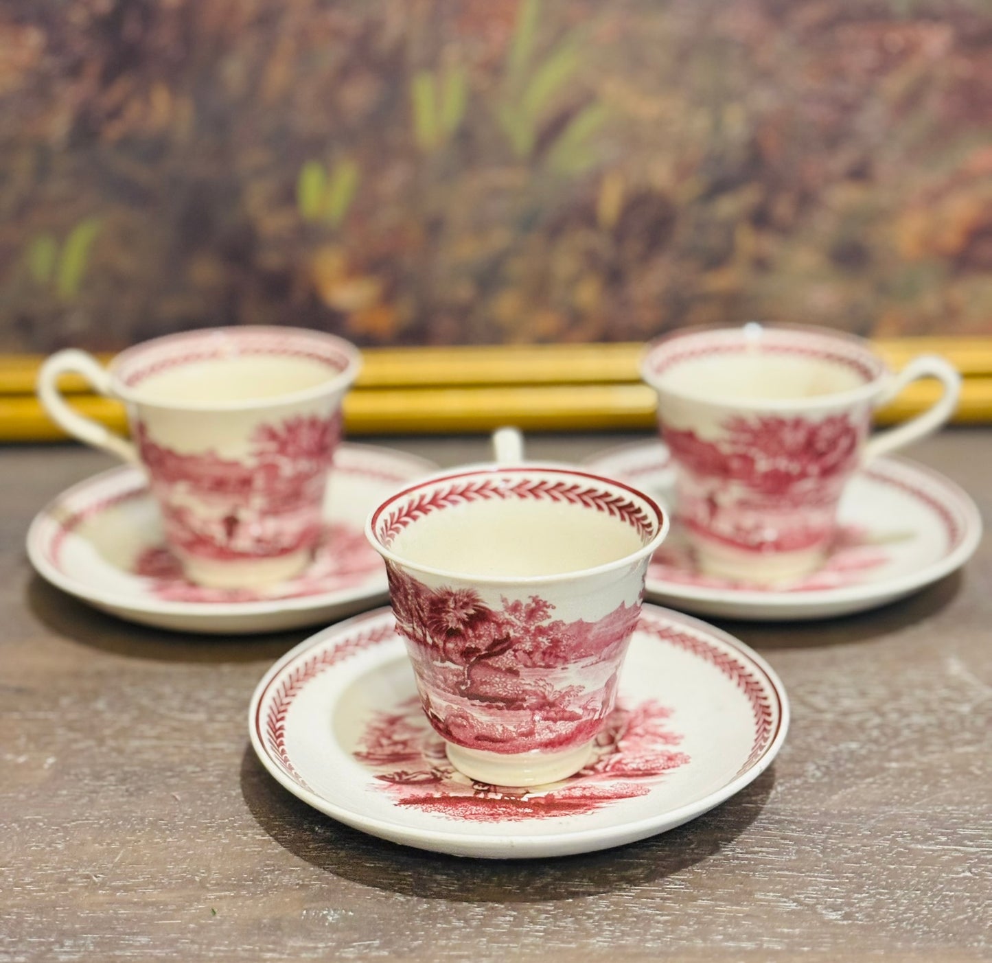 Set of 3 Mulberry Wedgwood Teacups and Saucers set 2.5 h, 3 w, 2.5 d cup, 5 w saucer