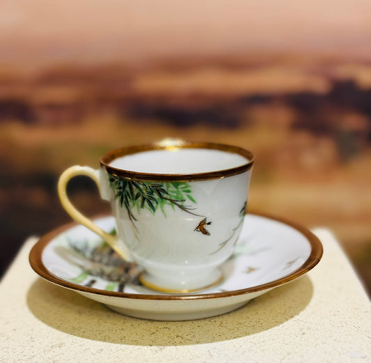 Occupied Japan Green Teacup and saucer 4 oz together gold rim