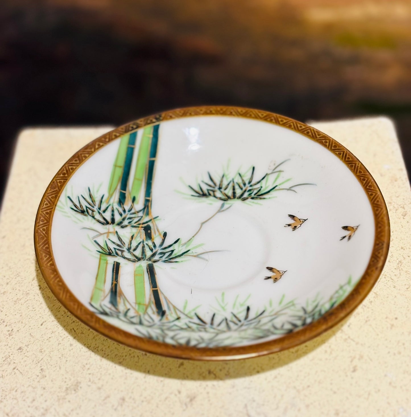 Occupied Japan Green Teacup and saucer 4 oz together gold rim
