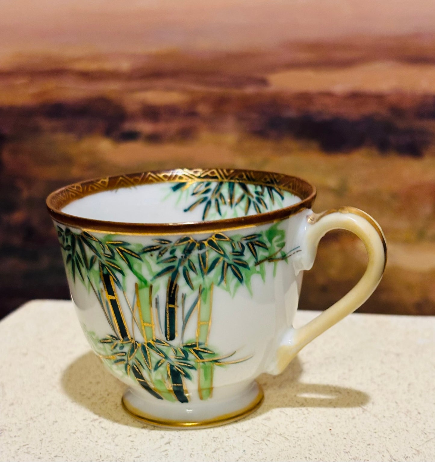 Occupied Japan Green Teacup and saucer 4 oz together gold rim