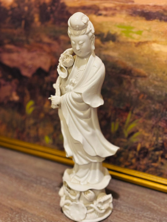 Blanc De Chine He Xiangu Porcelain White Figurine 14 h, 4 w, 4 d