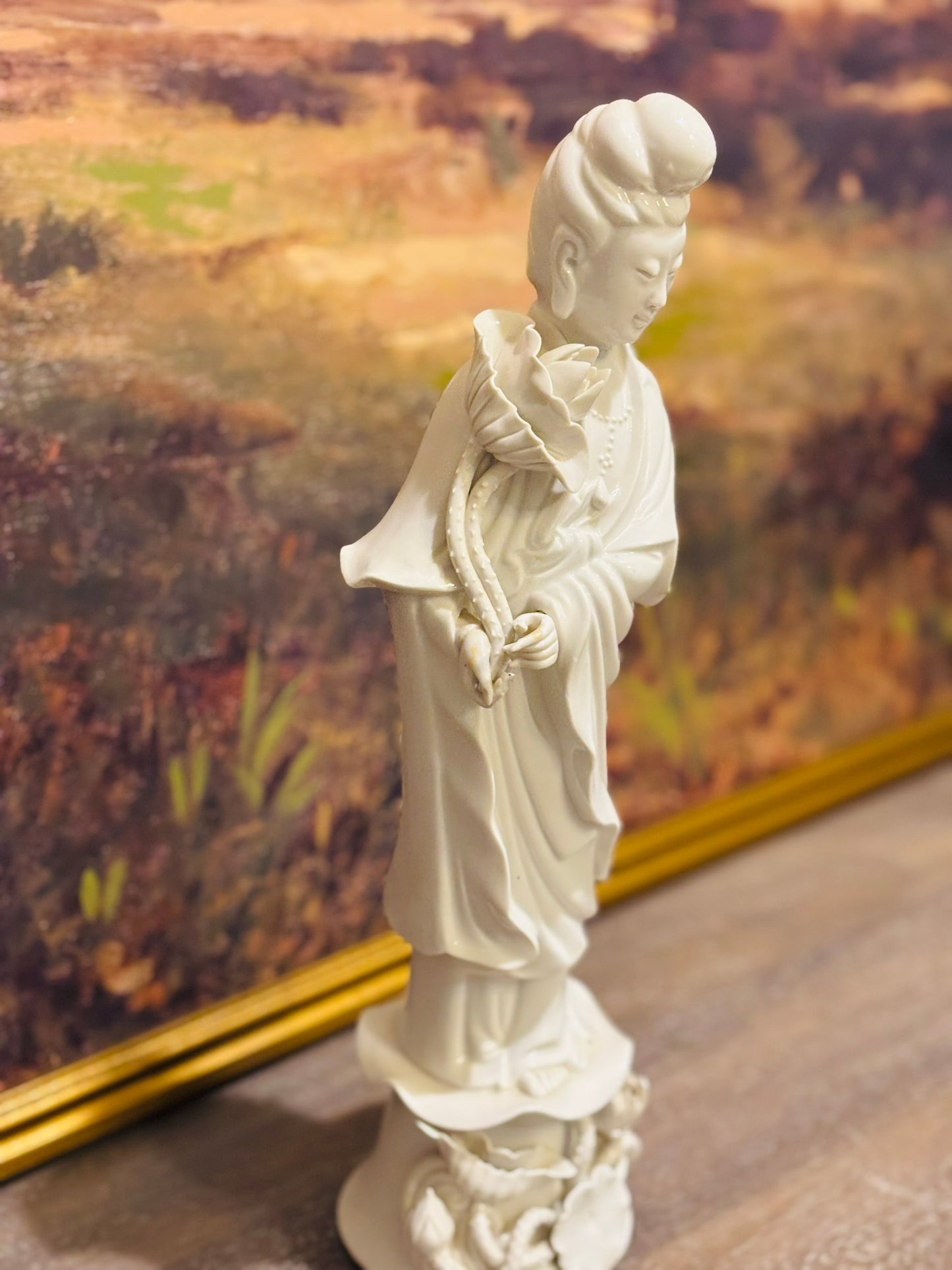Blanc De Chine He Xiangu Porcelain White Figurine 14 h, 4 w, 4 d