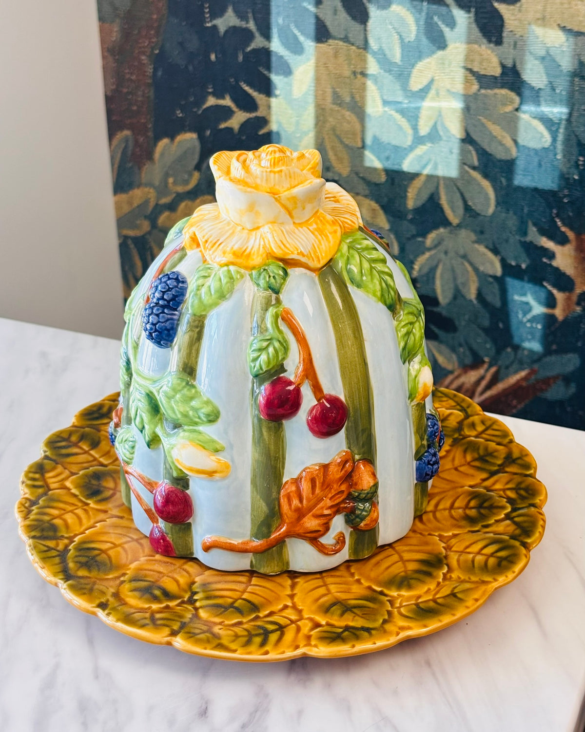 Vintage French Majolica-Style Cheese Dome & Plate – Fruit & Floral Design